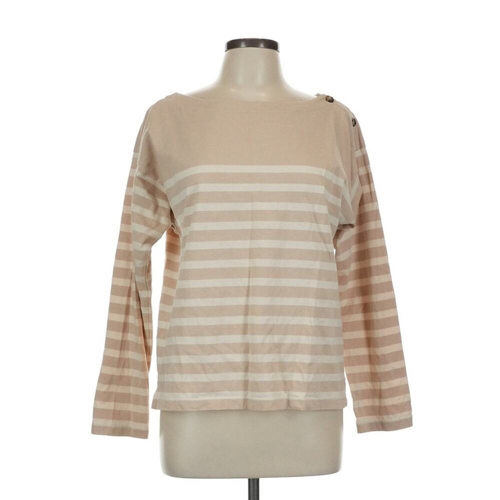 J Crew Long Sleeve Striped Cotton Boatneck Top Beige White‎ Nautical Tee L